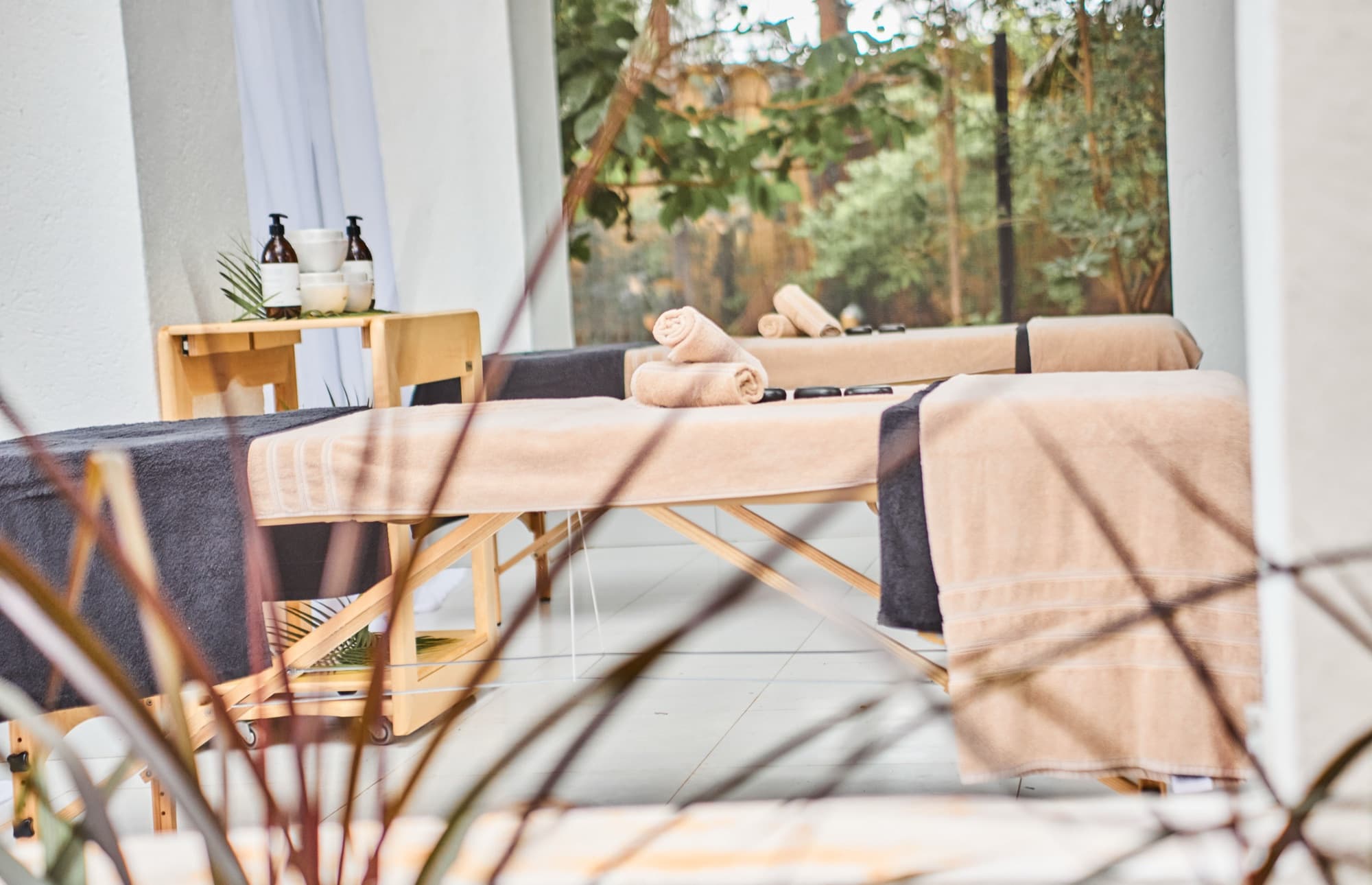 Twin treatment tables at MaMoyo Twangale, overlooking the gardens